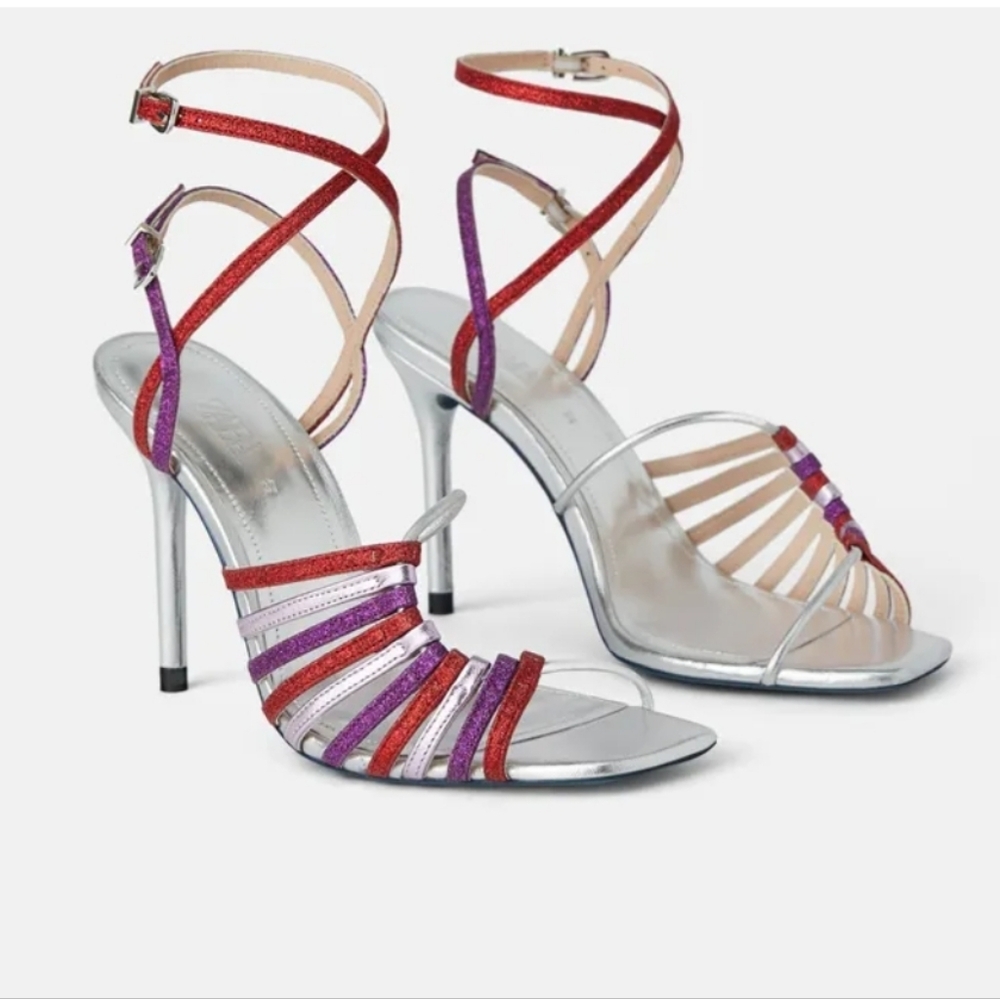 Zara Blue Collection Silver High Heel Sandals With Glittery Straps